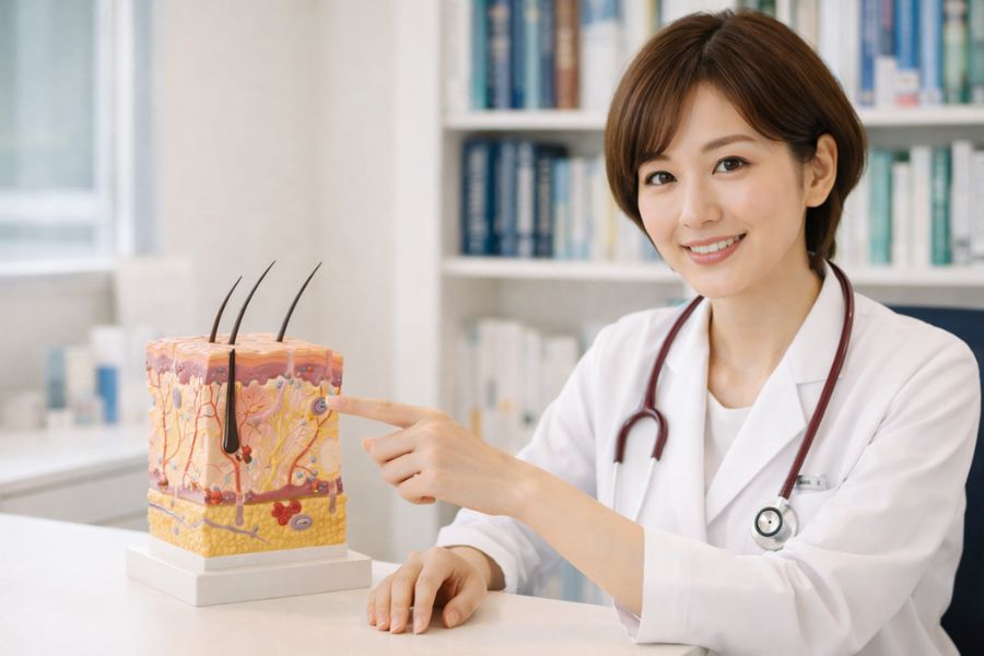 皮膚の解剖模型を指さしながら解説する女性医師