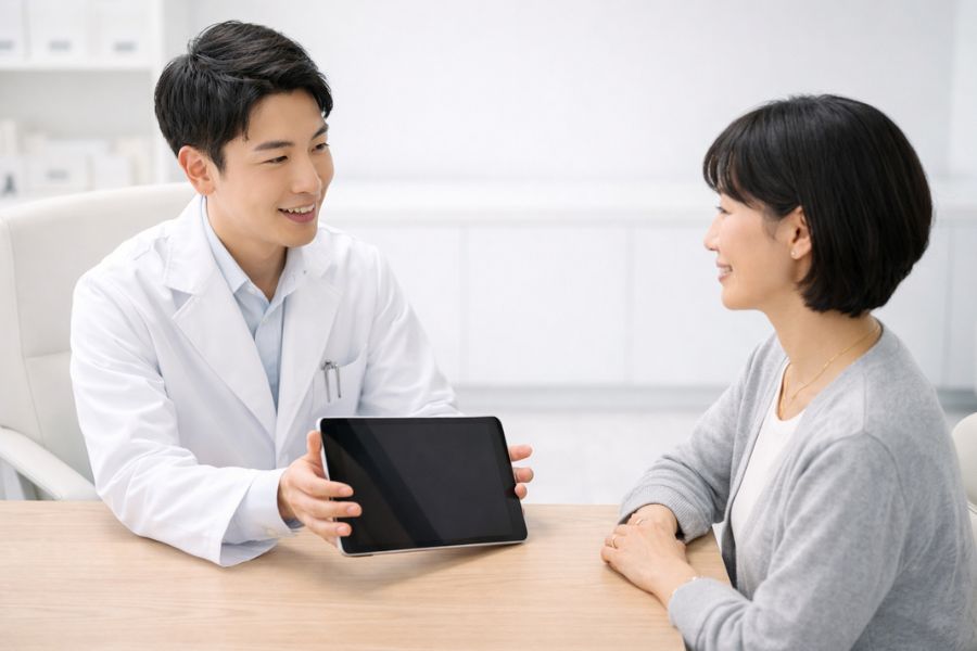 診察室のデスク越しに医師が患者にタブレットで説明している様子