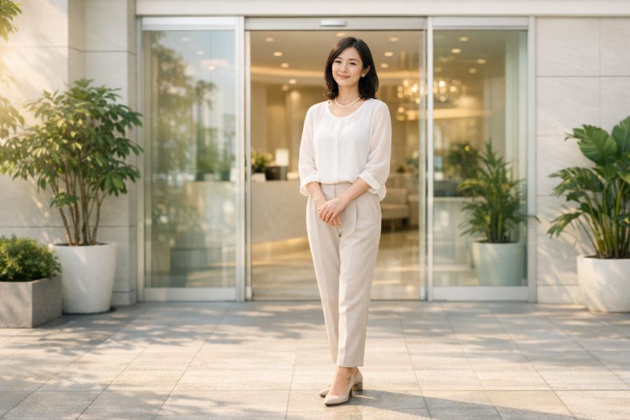 クリニックのエントランス前に立つ女性