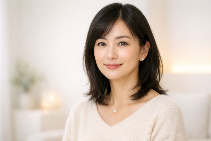 白いニットを着た日本人女性のバストアップ写真