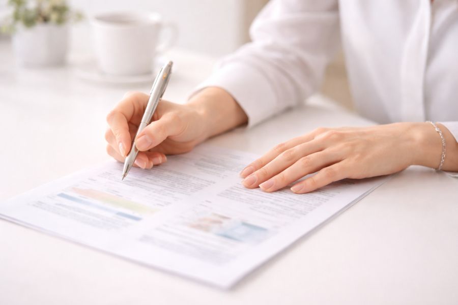 施術前の確認書類に目を通す女性の手元