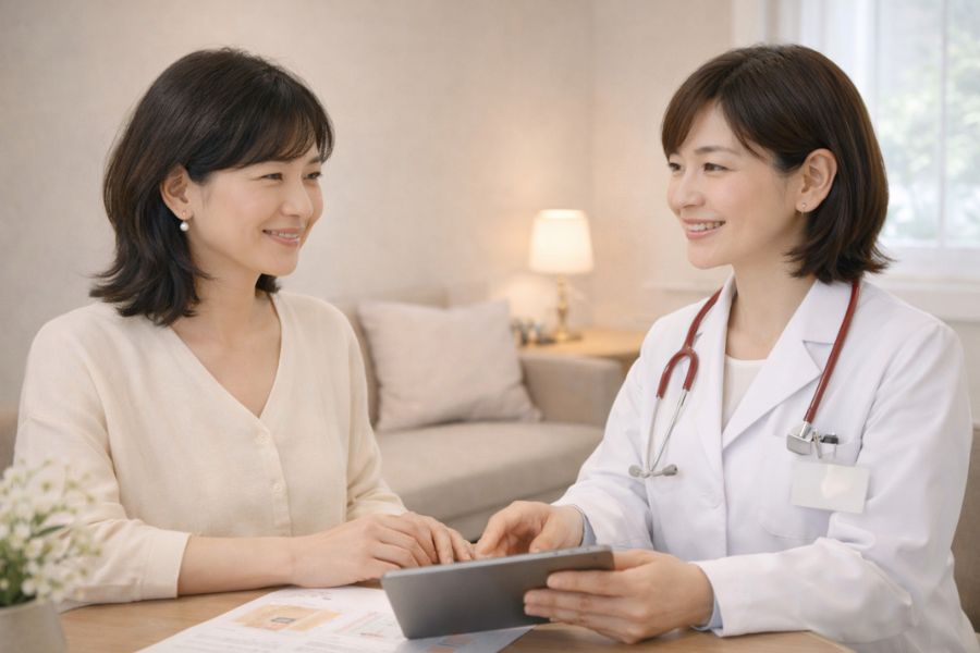 カウンセリングルームで治療法を相談する患者と女性医師