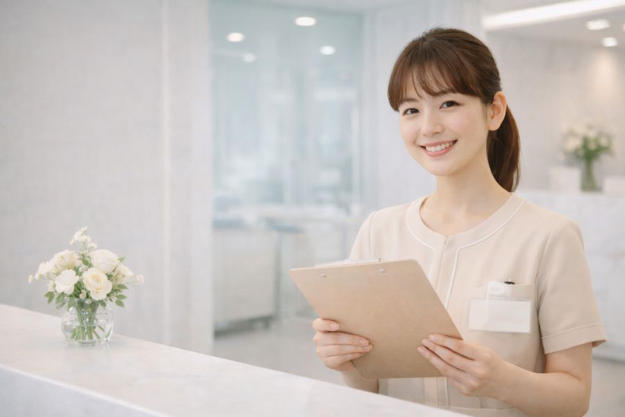 クリニック受付でカルテを持ち患者を迎えるスタッフ