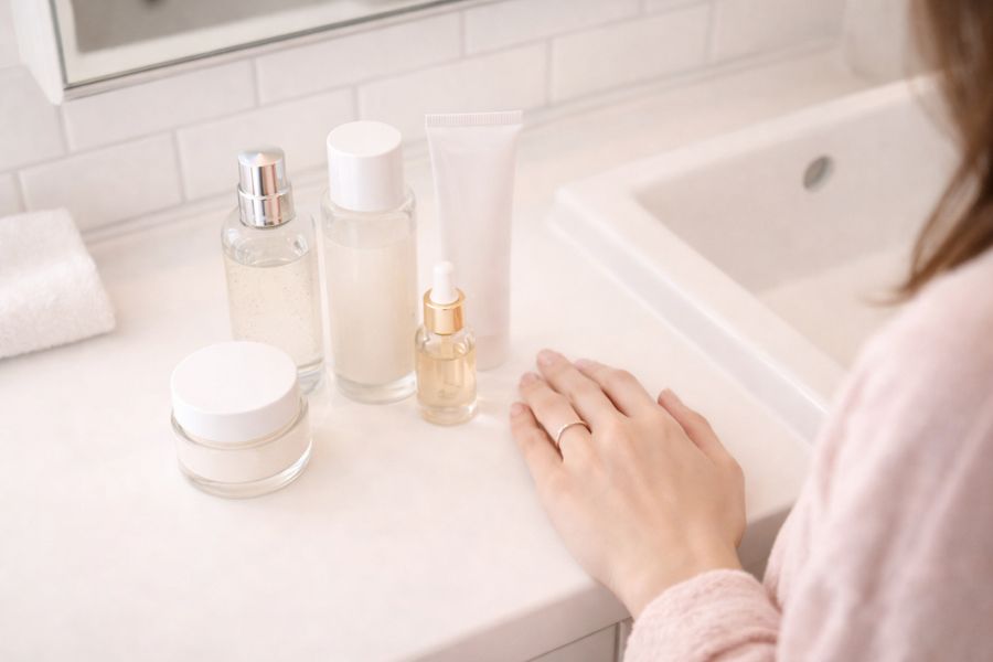 バスルームでスキンケアアイテムを並べている手元の俯瞰