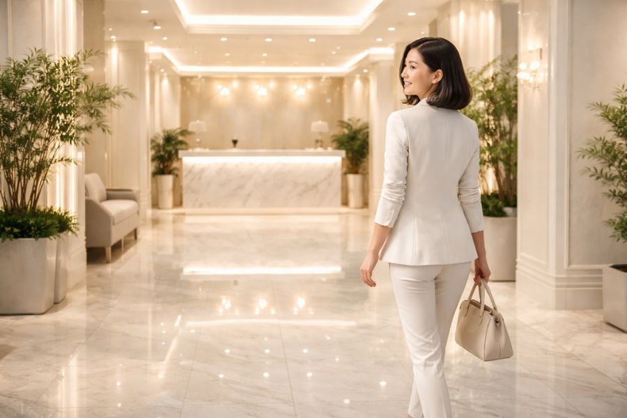 SMASフェイスリフトのクリニック選び・エントランスで受付に向かう女性