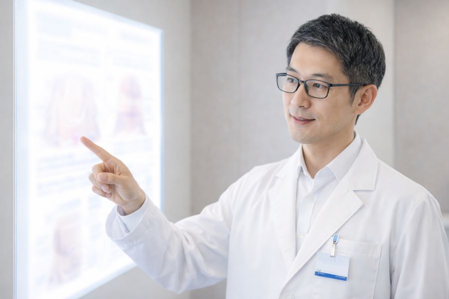 クリニック内のパネルを指し示しながら説明する眼鏡をかけた男性医師