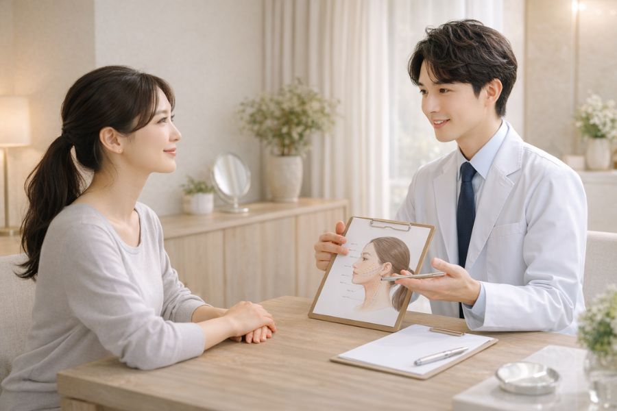 SMASフェイスリフトの施術前カウンセリング・医師と患者の相談シーン