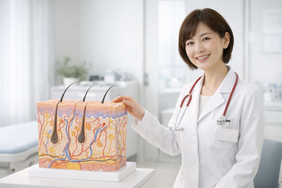 顔のたるみの原因を解剖学的に説明する女性医師