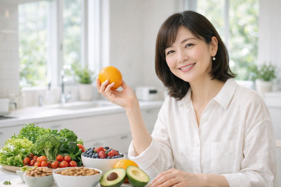 健康的な食材を手に自宅でセルフケアに取り組む女性