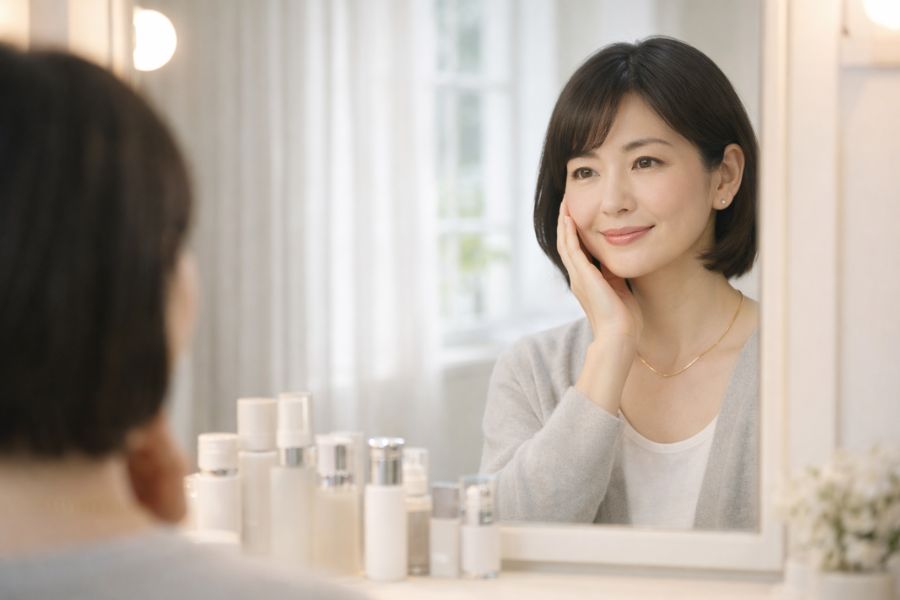 鏡の前でスキンケア後の肌状態を確認する女性
