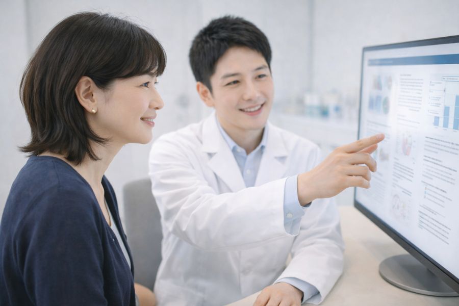 診察室でモニターを見ながら質問に答える医師と患者