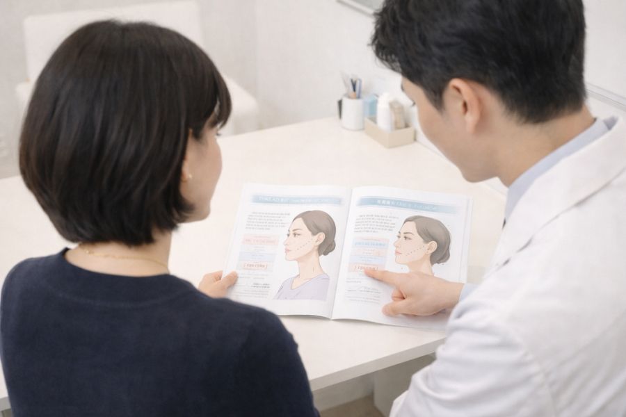 診察デスクの前で横並びに資料を見る患者と医師の後ろ姿