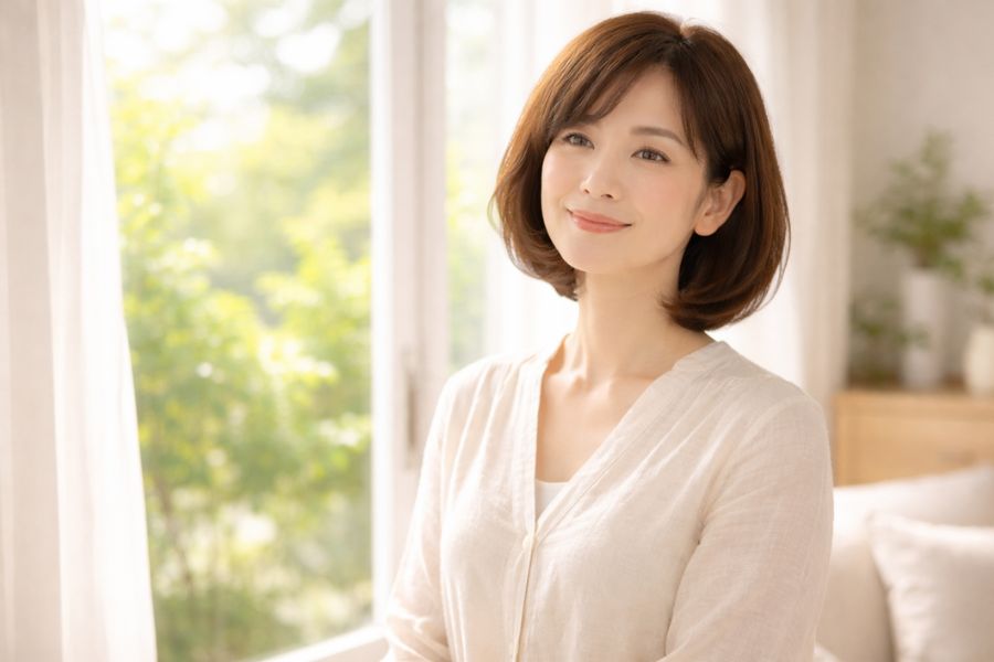 窓際で柔らかく微笑む30代女性のポートレート