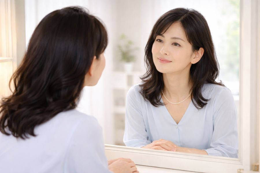 ドレッサーの前に座り、鏡で肌を確認している女性