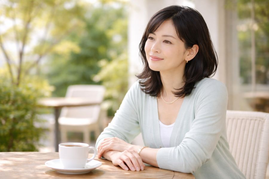 屋外カフェテラスのテーブルに手を置き、前方を穏やかに見つめている女性