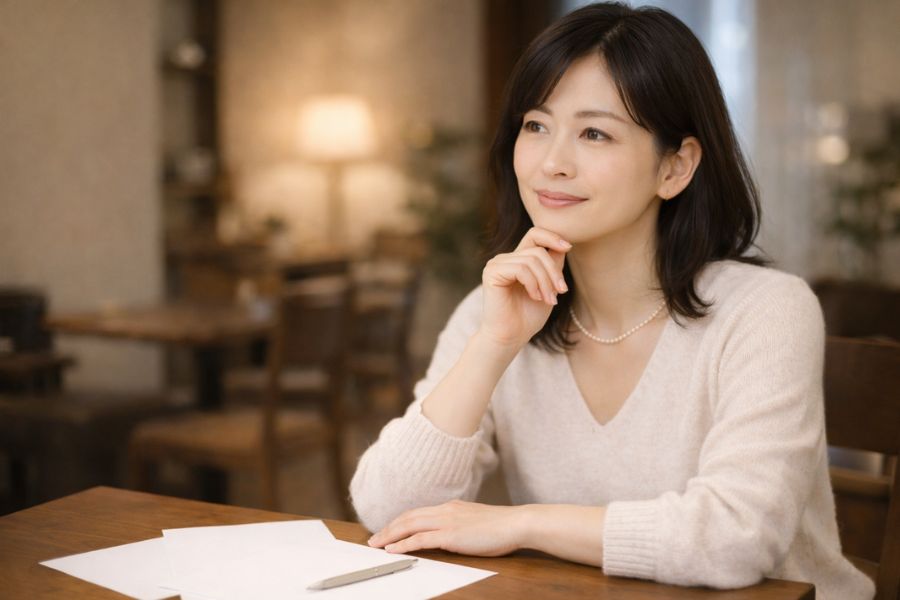 カフェのテーブルに広げた書類を見ながら考えている女性