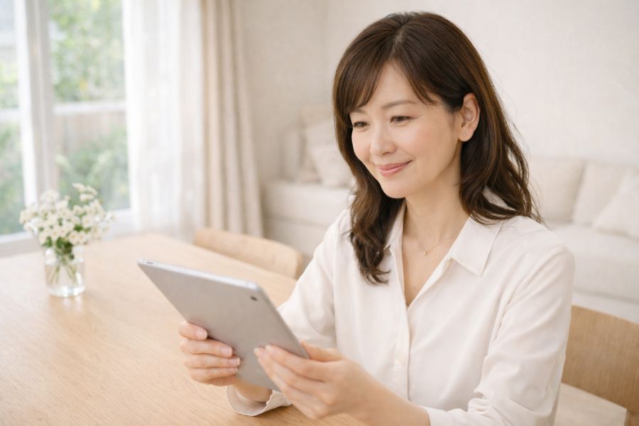 自宅ダイニングでタブレットを見て微笑む女性