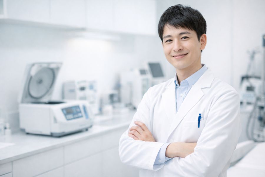 処置室で遠心分離機のそばに立ち腕を組む男性医師