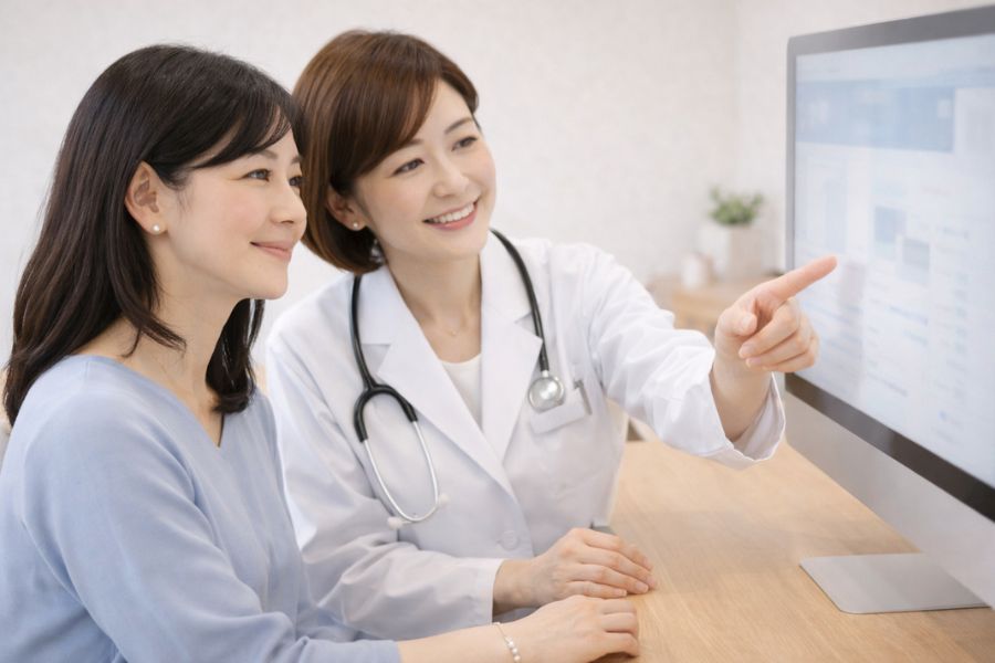 モニター画面を見ながら女性医師と相談する女性
