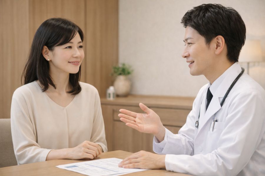 カウンセリングルームで医師と向かい合って相談する女性