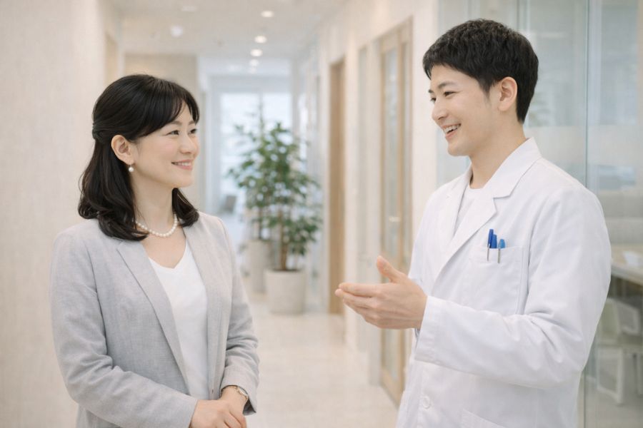 美容クリニックの廊下で切開リフトについて医師と相談する女性
