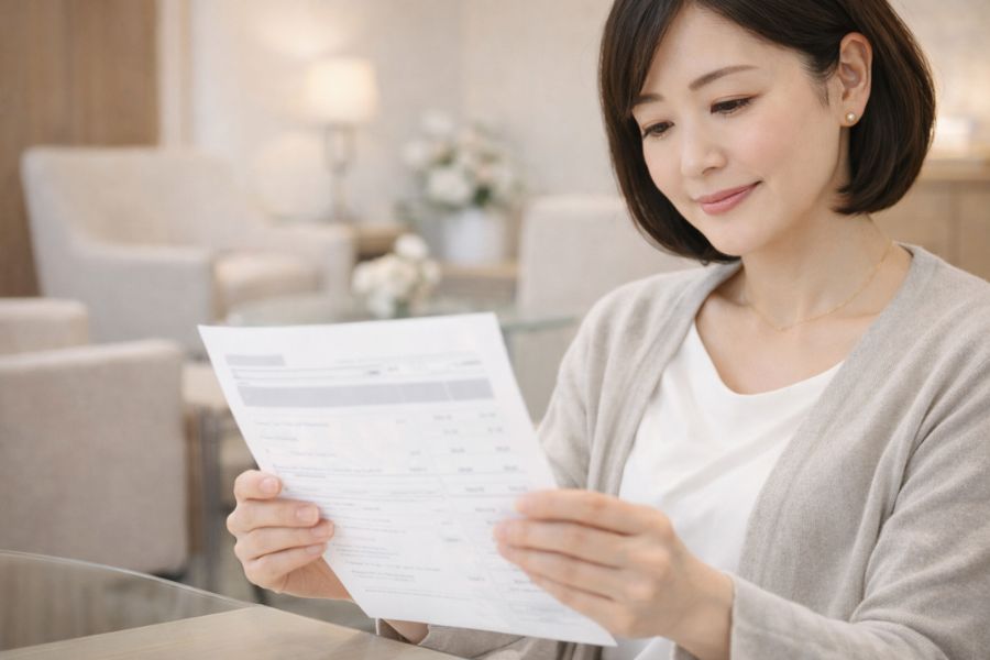 クリニックのラウンジで見積書類を確認する女性