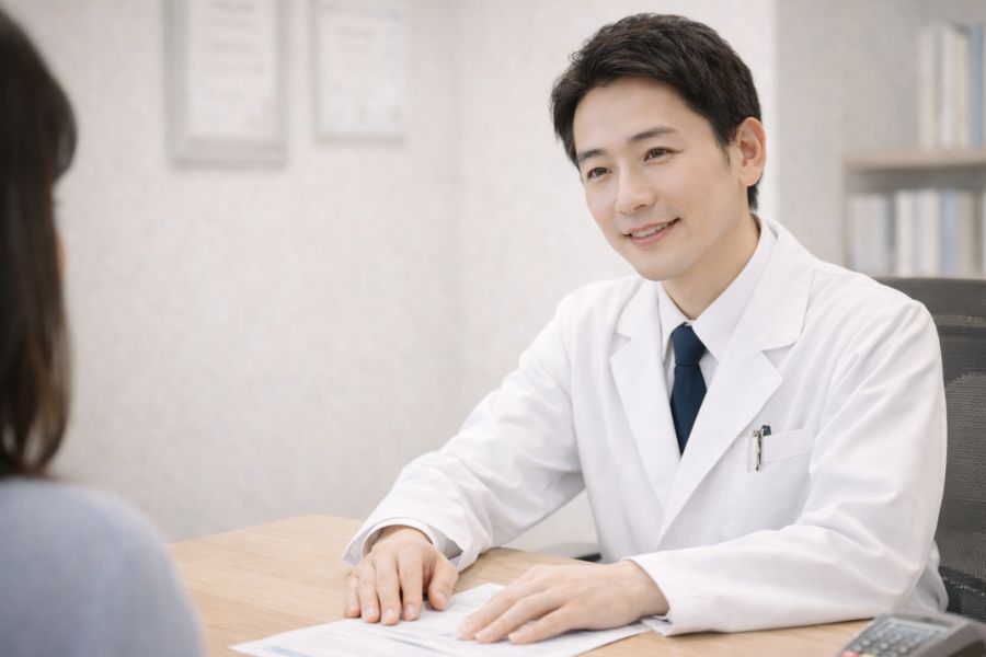 診察室のデスクで穏やかに語る男性医師