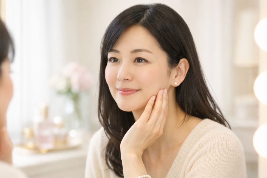 鏡の前でフェイスラインに手を添えて微笑む40代女性