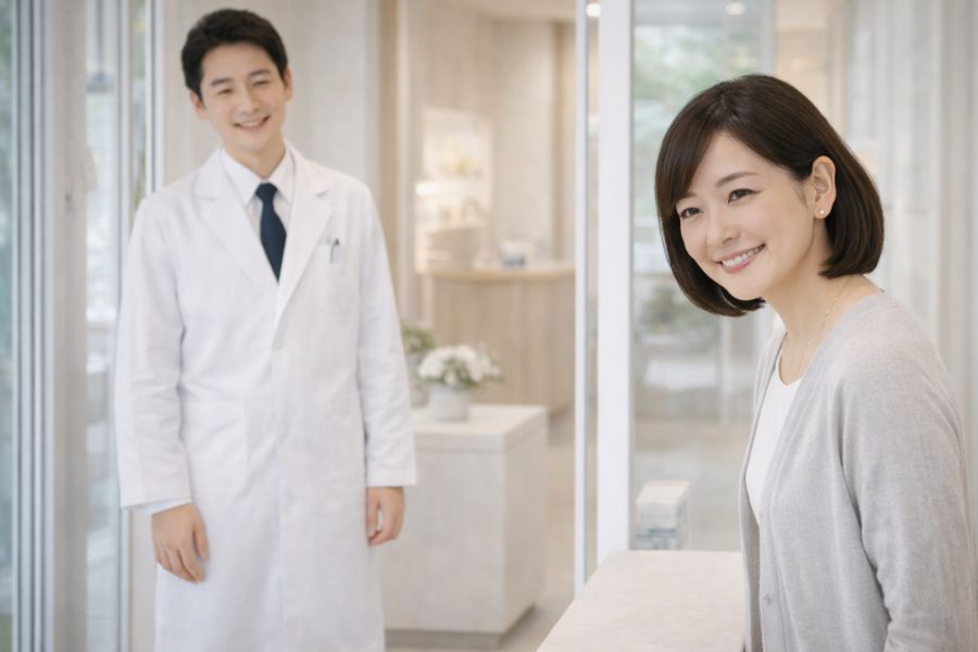 クリニックのエントランスで医師に見送られ笑顔で振り返る女性