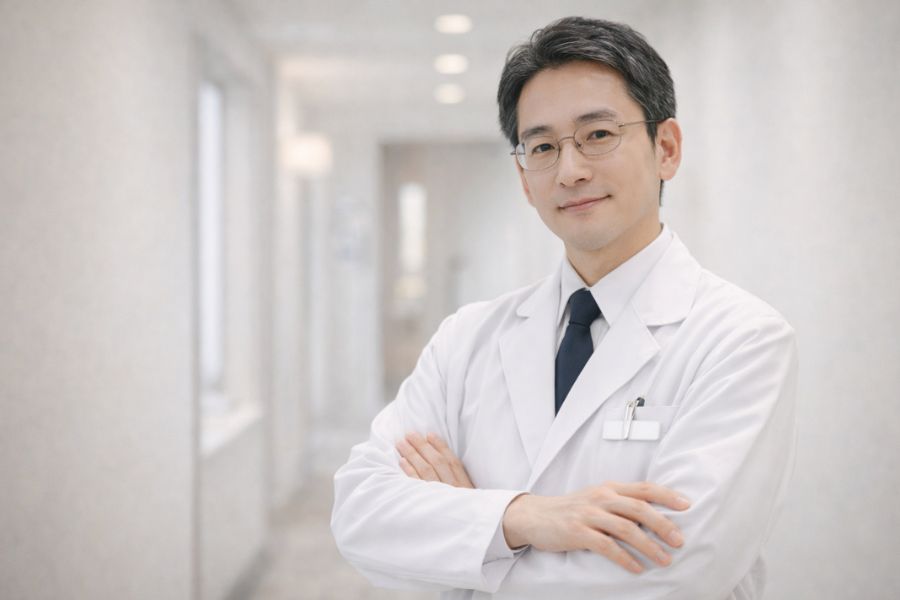 クリニックの廊下で穏やかに立つ眼鏡の男性医師