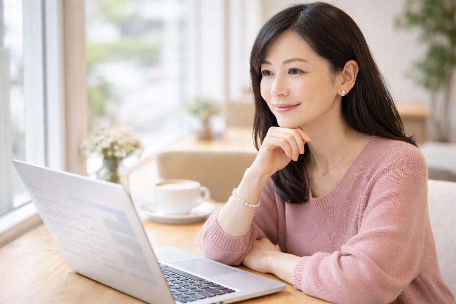 カフェでノートPCを開き比較検討する40代女性