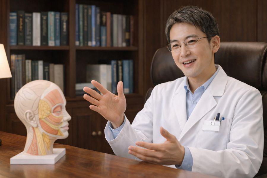 切開リフトの解剖学的な仕組みについて院長室で解説するベテラン男性医師