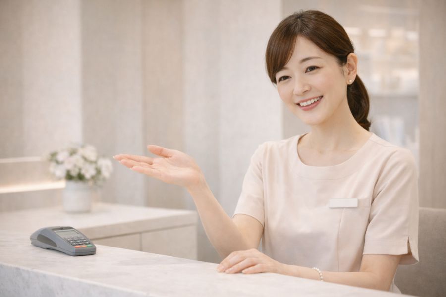 受付カウンターで案内するクリニックスタッフ