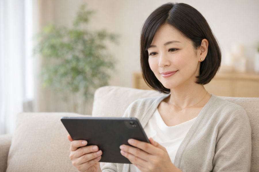 ソファに座りタブレットで情報を閲覧する40代女性