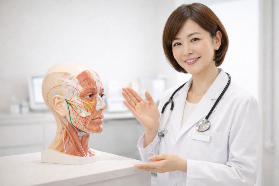 解剖模型の横で説明する女性医師