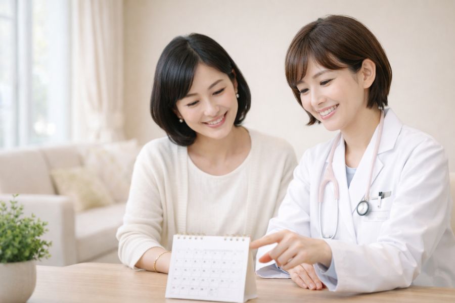 カウンセリングルームでカレンダーを指しながら患者に説明する女性医師