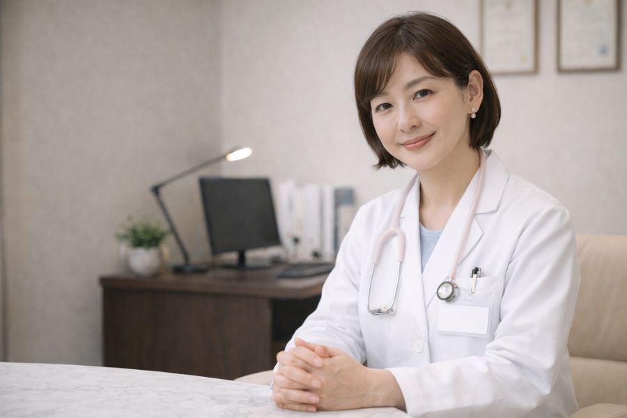 診察室の椅子に座り両手を組んで穏やかに微笑む女性医師