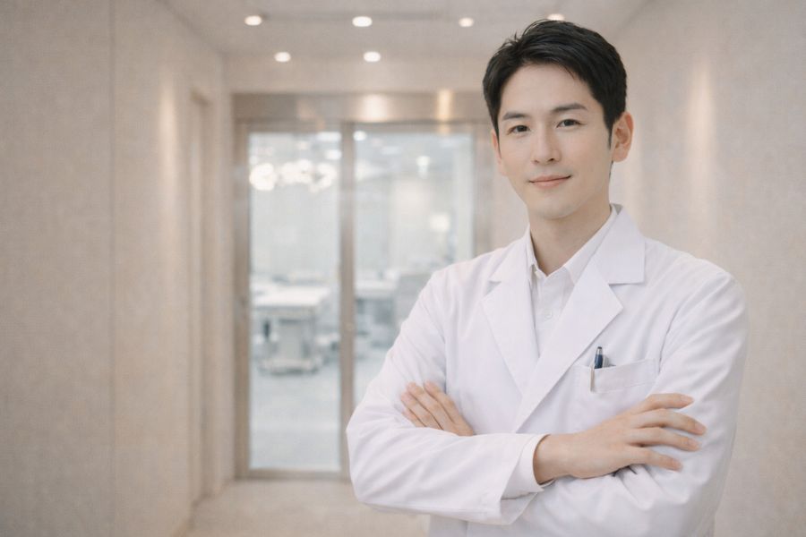 施術室入口で腕を組んで立つ男性医師