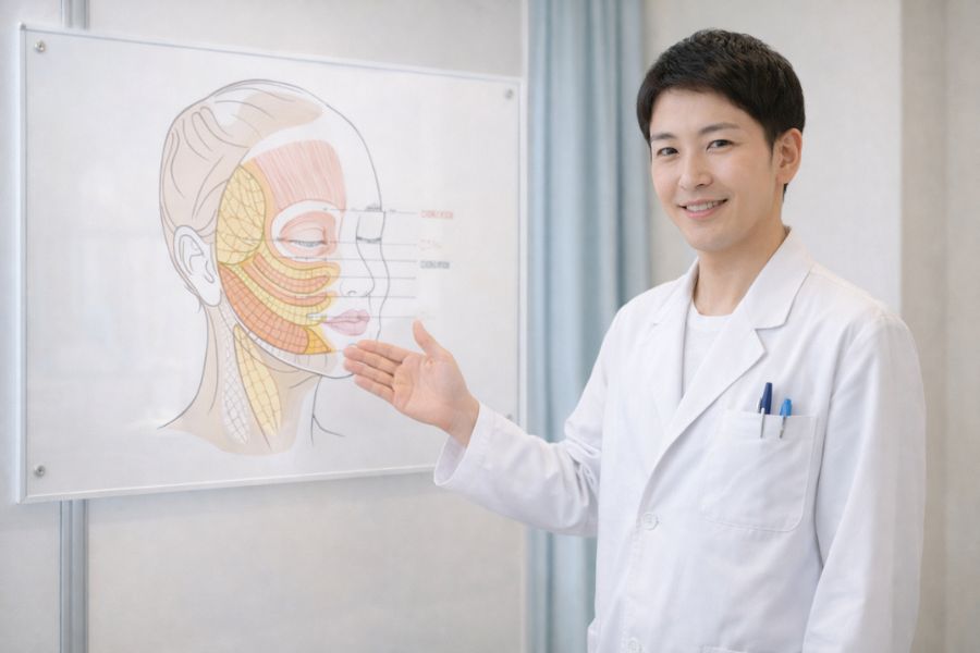 SMAS層の解剖図を示しながらハイフ施術の限界を解説する男性医師