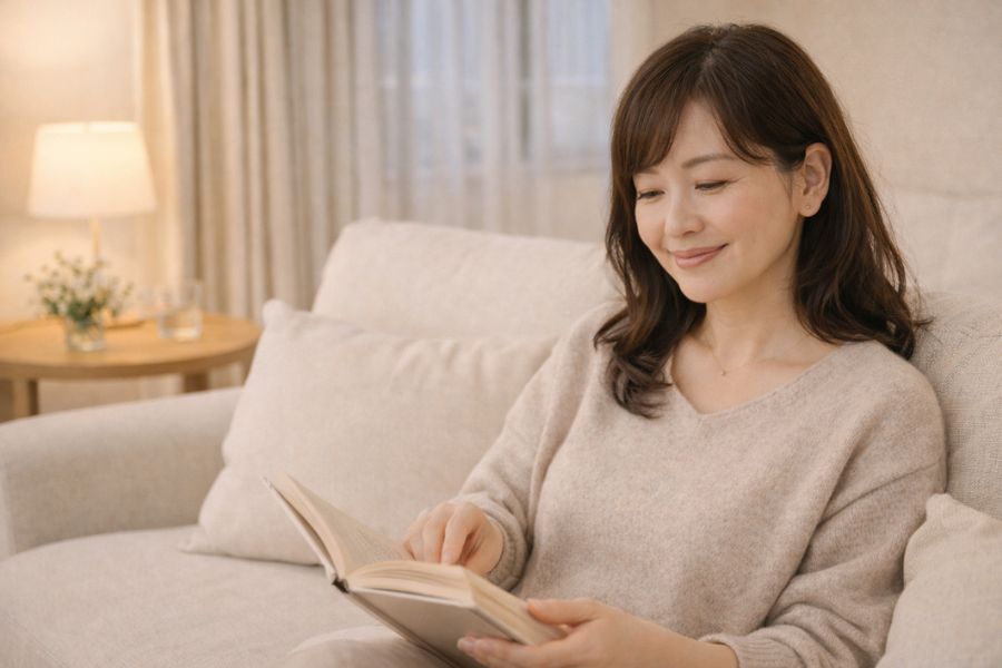 リビングのソファで本を読みながら微笑む女性