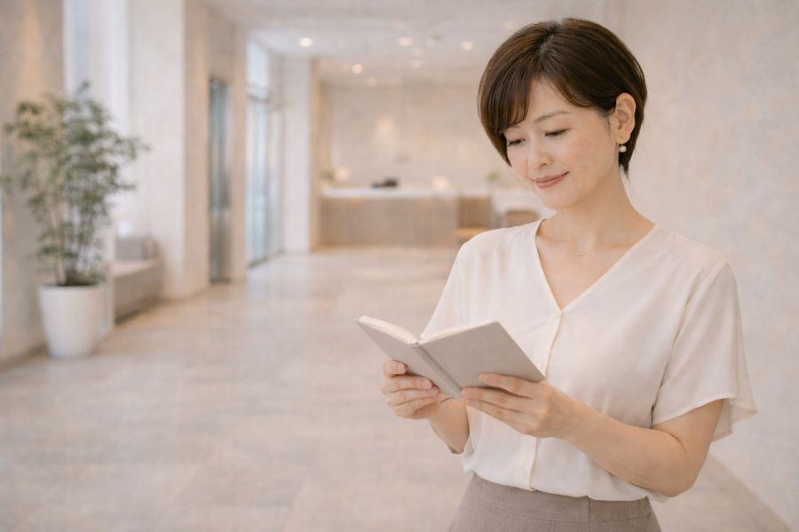 クリニックロビーで手帳を開く女性