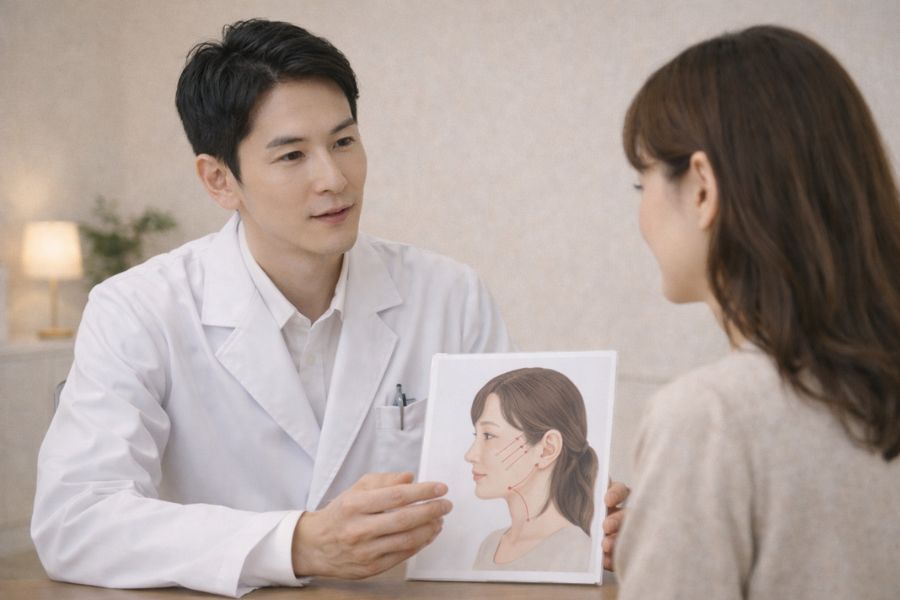 診察デスクで両手を組んで誠実に説明する男性医師