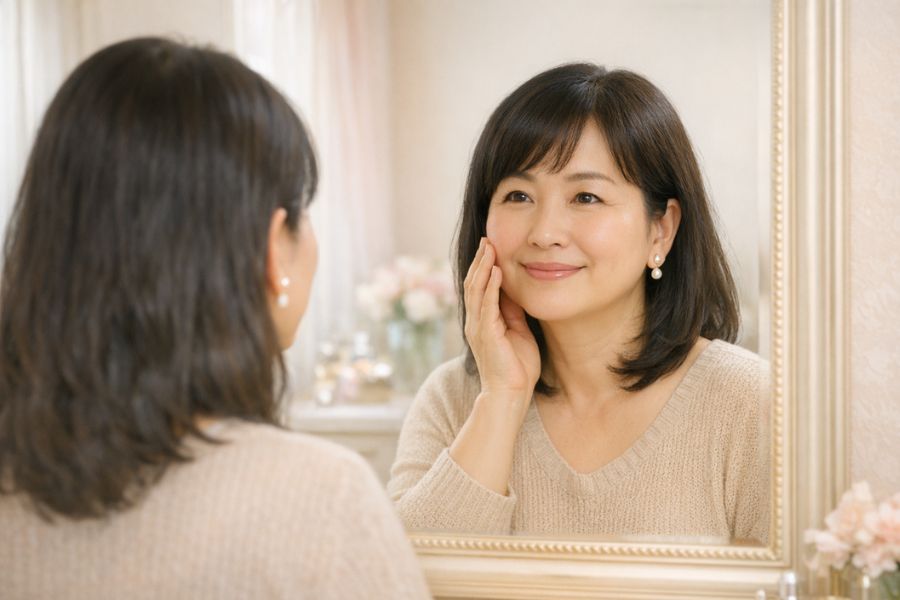 鏡の前で頬に指を添えて穏やかに微笑む女性