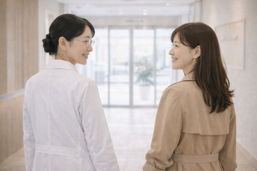 クリニックエントランスを並んで歩く女性医師と女性