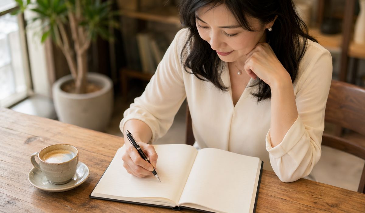 カフェのテーブルでノートに書き込みをする女性