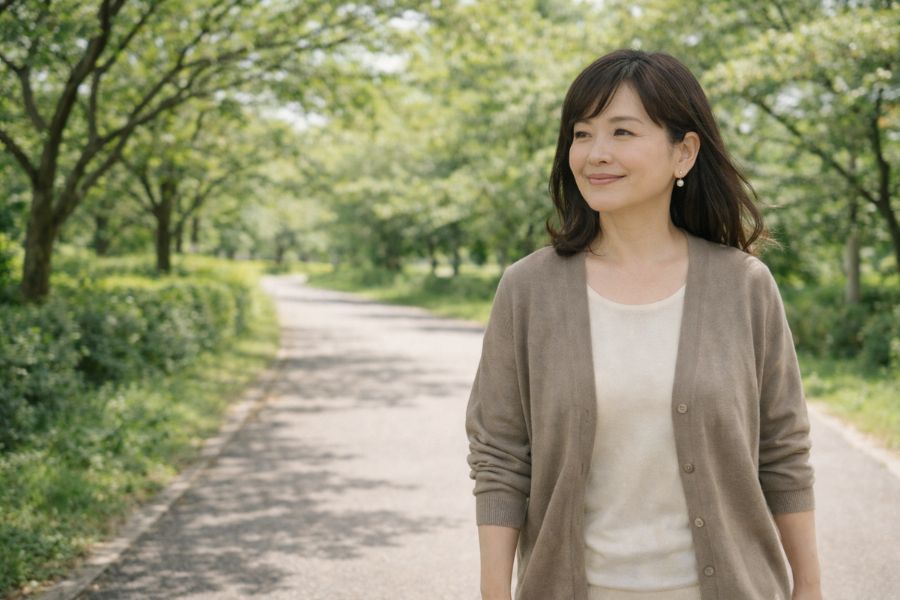 緑の公園を散策し横顔で微笑む女性