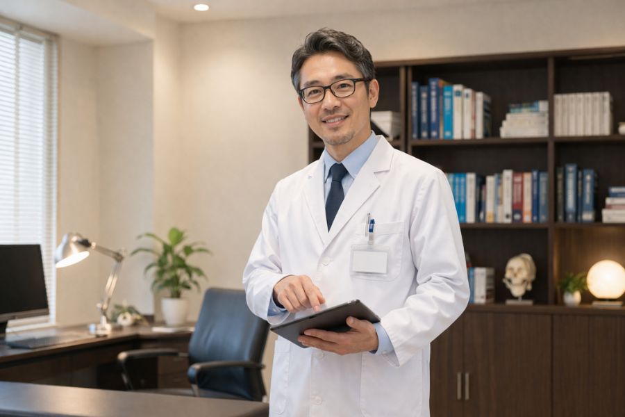 診察室でタブレットを手に立って説明する眼鏡をかけた男性医師