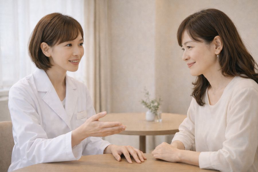カウンセリングルームで向かい合って対話する女性医師と女性患者