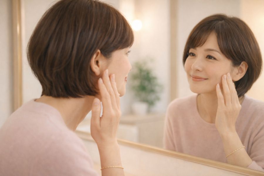 パウダースペースで鏡を見ながら自分の頬に指先で触れる女性
