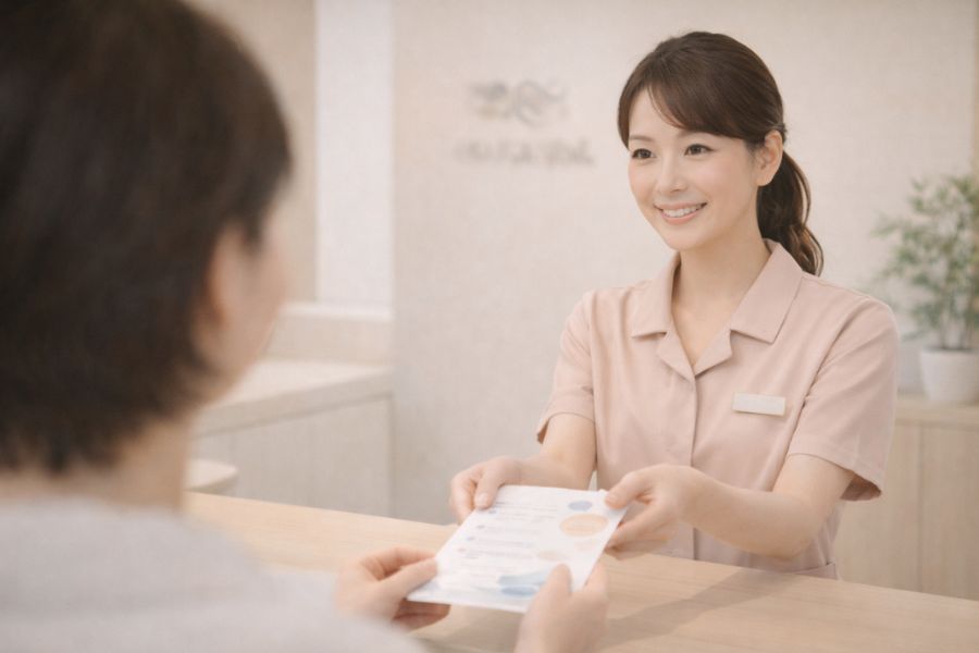 クリニック受付カウンターで来院者にパンフレットを手渡す受付スタッフ